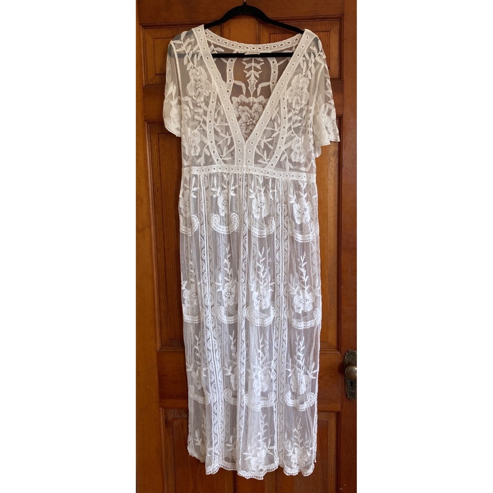 SirenLily Womens XL White Sheer Lace Floral Embroidered Maxi Dress Cover Up